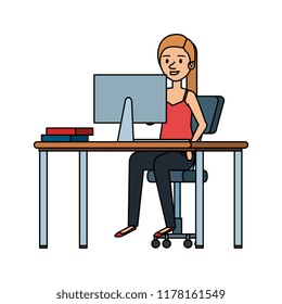 young woman at desk with desktop