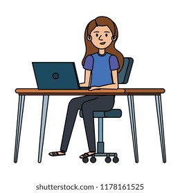 young woman at desk with laptop