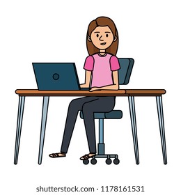 young woman at desk with laptop