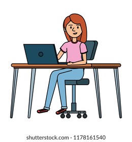 young woman at desk with laptop