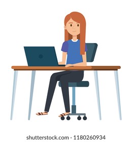 young woman at desk with laptop