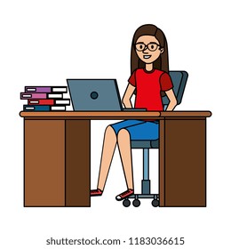 young woman at desk with laptop and books
