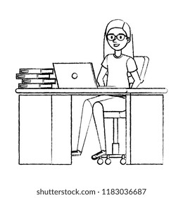 young woman at desk with laptop and books