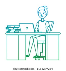 young woman at desk with laptop and books