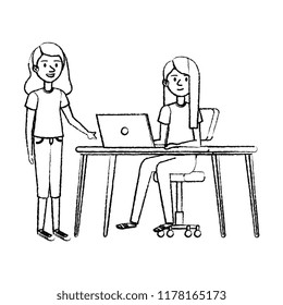 young woman at desk with laptop and companions