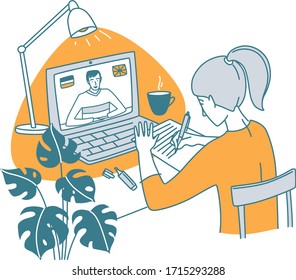 Young woman at the desk is learning foreign language online. E-learning, listening to the lesson, whatch the video and communicating. Vector illustration doodles, thin line art sketch style concept