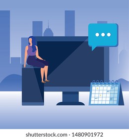 young woman with desktop character