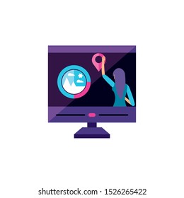 young woman with desktop computer vector illustration design