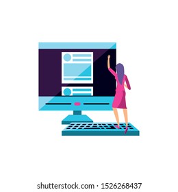 young woman with desktop computer vector illustration design