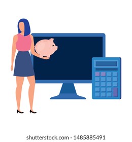 young woman with desktop and money