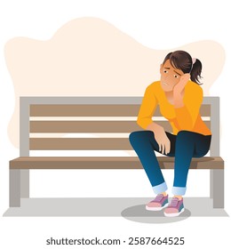 Young woman desperate sitting on wood bench on white background. vector, illustration