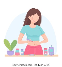 Young woman with diabetes injecting insulin into her abdomen using a pen injector. Glucose meter, medicines and insulin pen on table nearby.