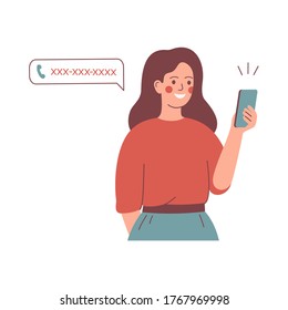 A Young woman dials the phone number with a happy face. A Girl is holding a smartphone and calling. Flat vector illustration