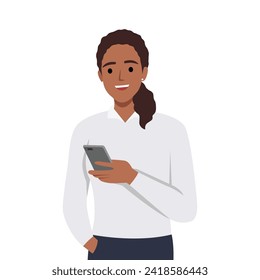 Mujer joven marca el número de teléfono con una cara feliz. Una chica sostiene un smartphone y llama. Ilustración vectorial plana aislada en fondo blanco