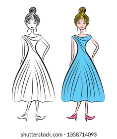Young woman in different  dresses vector illustration, fashion female model , beautiful girl model, fashion style, sketch drawing