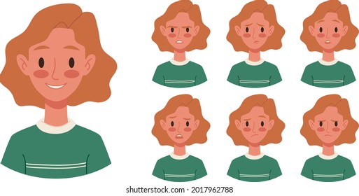 Young woman different emotions. Angry, smile, sad, surprised, unhappy. Set of girl face expressions. Various expression, mood changes. Avatar girl emoji. Cartoon flat character design for animation
