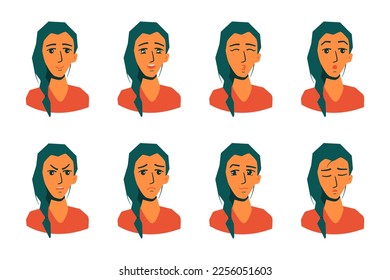 Young woman with different emotions. Isolated face for avatar, card and etc.