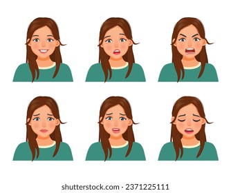 Young woman with different facial emotion expressions such as laugh, confused, angry, worried, frustration, hurt