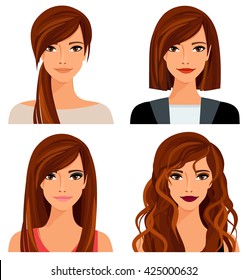 Young Woman With Different Hairstyles And Makeup. Vector Illustration