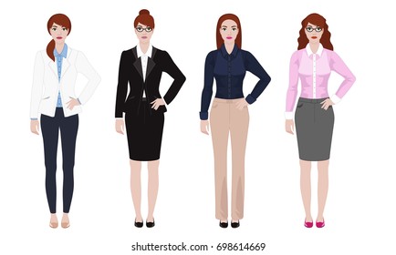 Young woman in different office outfit, businesswoman look, vector illustration set