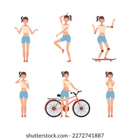 Young woman in different poses and gestures set. Girl showing different emotions cartoon vector illustration