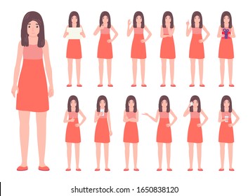 Young woman in different poses set. Female character gestures, emotions in various action bundle. Girl teenager isolated vector illustration in cartoon flat style