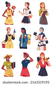 Young Woman of Different Profession Like Astronaut and Builder Vector Set