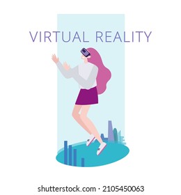 Young woman in digital glasses flies in virtual reality, metaverse. Poster. Hand drawn vector illustration