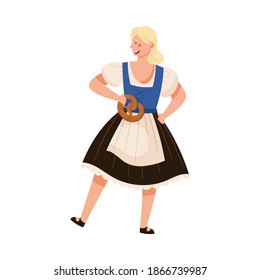 Young Woman in Dirndl Dress Holding Pretzel and Dancing Vector Illustration