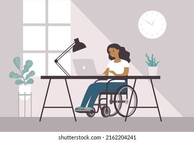 Young woman with disabilities sitting in wheelchair using laptop computer at home. Flat vector illustration