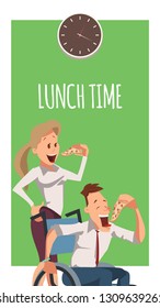 Young Woman and Disabled Man Eat Pizza at Work. Wheelchair Freelancer in Suit Have Lunch. Office Businesswoman with Slice of Italian Food Standing behind. Cartoon Flat Vector Illustration