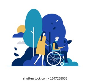 Young woman with disabled man in park flat vector illustration. Caregiver, volunteer and person in wheelchair cartoon characters. Elderly nursing, physically challenged people support concept