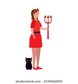 young woman disguised devil with cat black vector illustration design