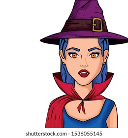 young woman disguised of vampire with hat witch style pop art vector illustration design