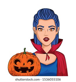 young woman disguised of vampire with pumpkin style pop art vector illustration design