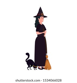 young woman disguised witch with cat black vector illustration design