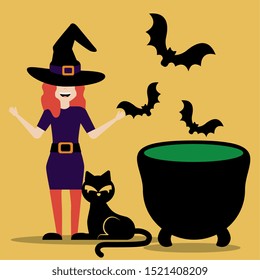 young woman disguised of witch with cauldron vector illustration design