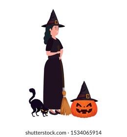 young woman disguised witch pumpkin and cat black vector illustration design