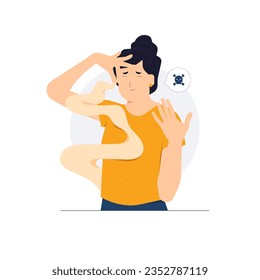 Young woman with disgust expression on her face clamped pinches nose because  strong stink, very bad smell, horrible stench concept illustration