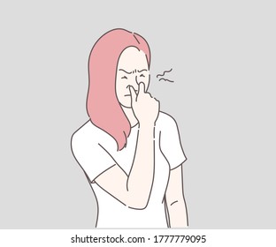 Young woman with disgust on her face pinches nose, something stinks, very bad smell. Hand drawn in thin line style, vector illustrations.