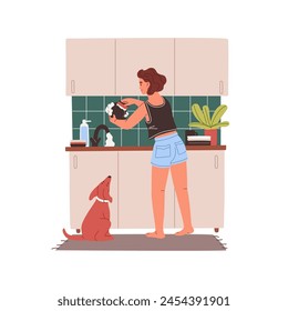 Young woman dishwashing back view. Girl wash dishes in sink with foam at kitchen with dog. Person cleaning plate at home. Daily housework, chores. Flat isolated vector illustration on white background