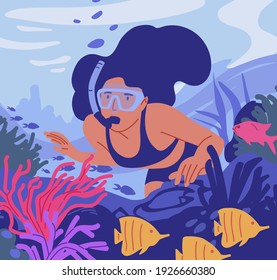 Young woman in diving mask with snorkel swimming and observing coral reef and fishes at sea bottom. Underwater swimmer watching colorful marine fauna. Flat vector illustration with female diver