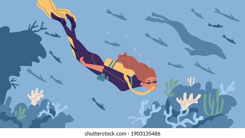 Young woman in diving mask and wetsuit swimming underwater and observing coral reef. Scuba diver watching marine fauna at seabed. People exploring submarine world. Colored flat vector illustration