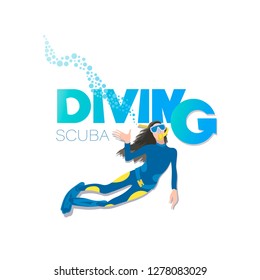 Young woman in a diving suit and fins swimming underwater. SCUBA DIVING. Poster with a picture on a white background.
