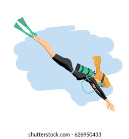 A young woman in diving suit snorkeling. Vector flat cartoon illustration on a isolated background