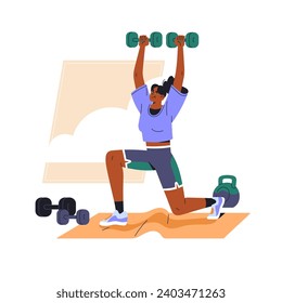 Las mujeres jóvenes hacen ejercicio en casa. Chica delgada levantando timbre. Entrenamiento de fuerza con equipamientos deportivos, kettlebell. Gente construyendo cuerpo deportivo en el gimnasio. Ilustración vectorial aislada plana sobre fondo blanco