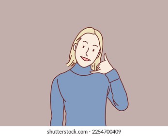 Young woman do phone gesture like says call me back simple korean style illustration