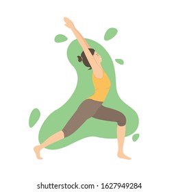 Young woman do sports, yoga or physical exercises. Cartoon character doing yoga position on abstract bacground. Healthy lifestyle. Vector flat illustration. 