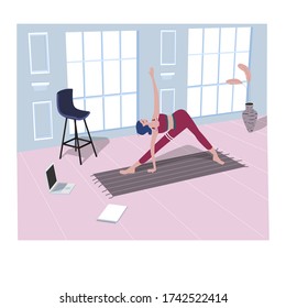 Young woman do yoga at home. She watching yoga class at the laptop, enjoying and relaxing. Women’s hobby concept. Vector illustration.