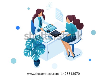 Young woman doctor advises the patient. Health care concept. 3d isometric. Concept for web design